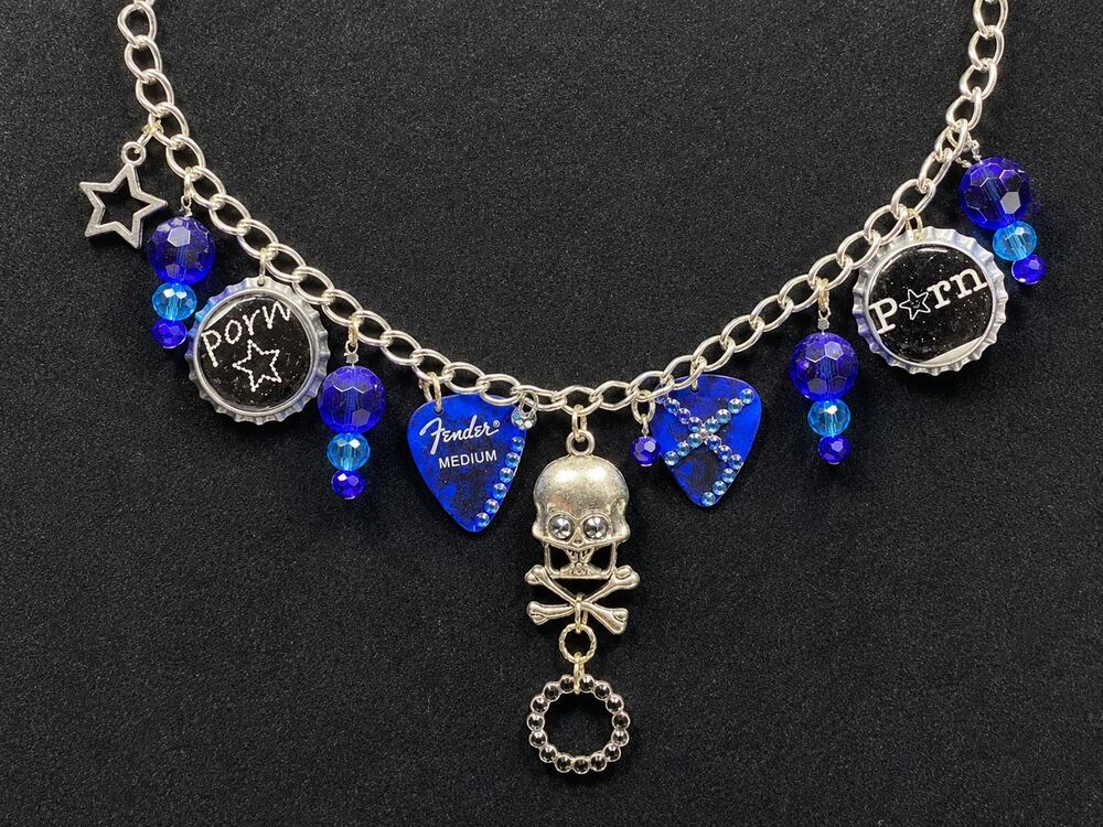 Hand Embellished Necklace Skull Adult Theme Guitar Pick Beads, Charm, Bottle Cap